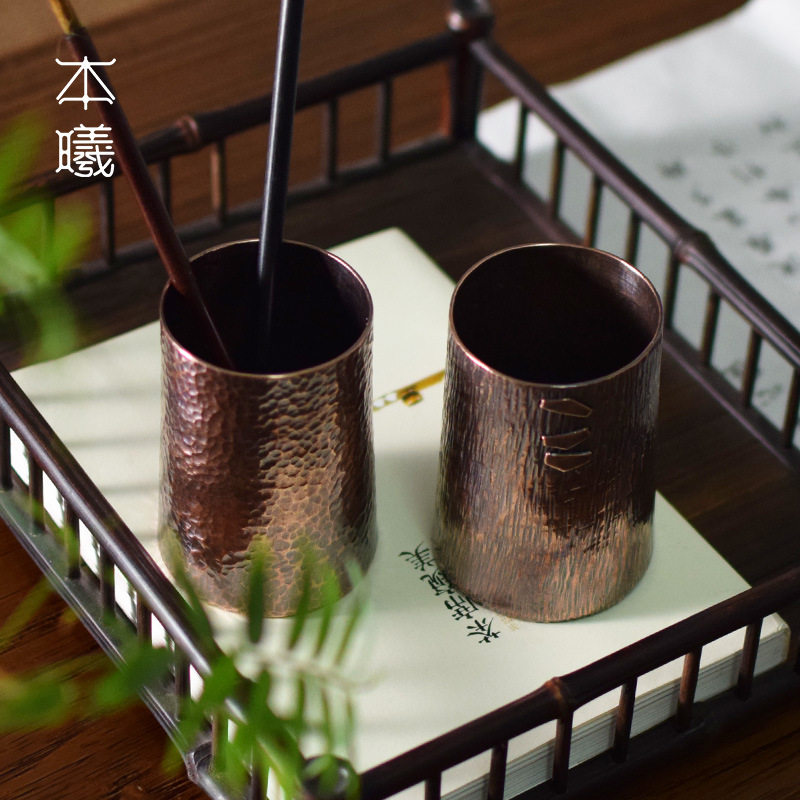 紫铜手工锤纹复古笔筒毛笔收纳筒创意办公室桌面文房用品摆件笔桶