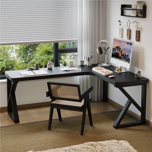电脑桌l型拐角办公室桌学生家用写字 黑色实木转角书桌卧室台式