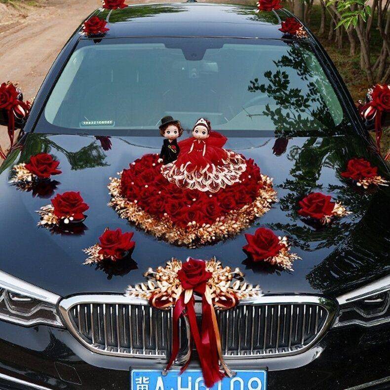 主婚车装饰车头花全套中国风式创意仿真花车布置套装结婚车队用品