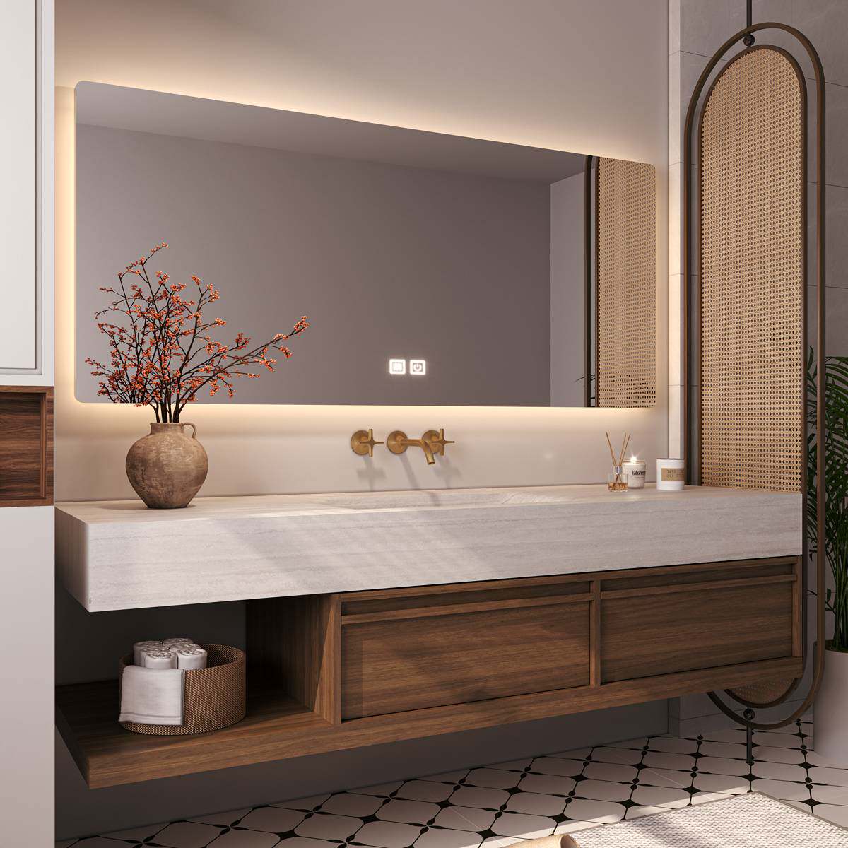 中古风洞石色岩板热弯无缝一体盆浴室柜组合卫生间洗漱台盆洗手池