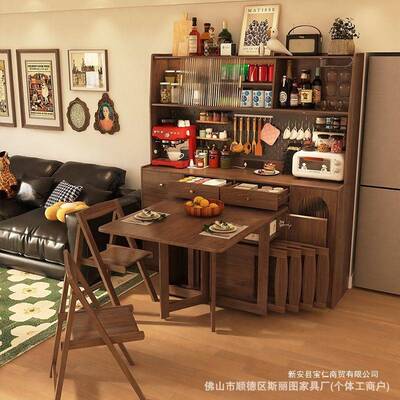全实木餐边柜折叠餐桌一体可伸缩折叠移动小户型家用木桌子多功能