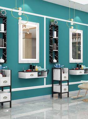 理发镜台E挂墙实L木柜子一体潮款美发店镜单双248石面D灯大理烫染