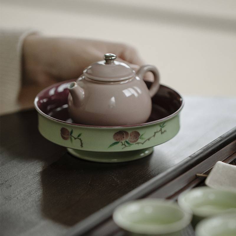 无落 景德镇葡萄紫釉下粉彩手绘桃真书怀壶承 干泡茶席干泡盘 茶