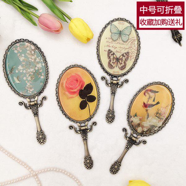 少女折叠化妆镜欧式公主小镜子女金属复古风台式手持镜便携手柄镜
