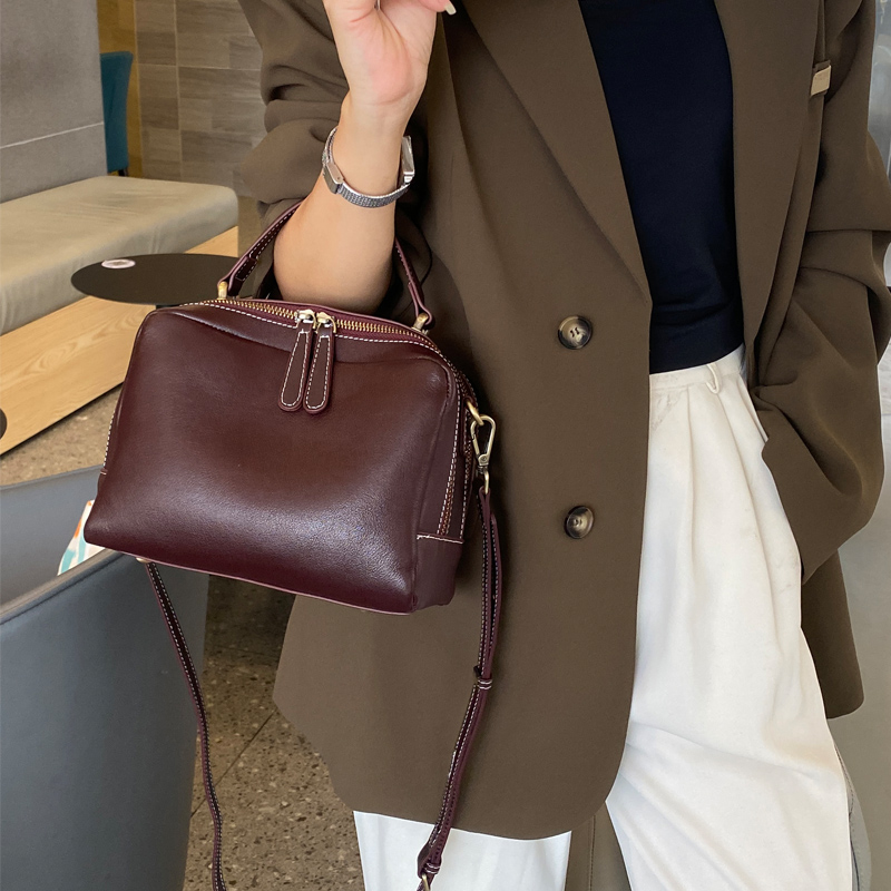 纯牛皮双拉链e大容量斜挎手提小方包女气质2025新款真皮休闲单肩