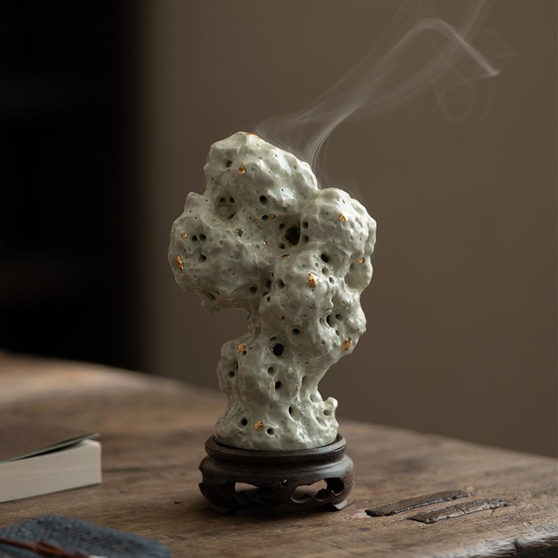 仿古太湖石盘香炉手工禅意摆件书房客厅装饰品桌T面室内陶瓷香薰