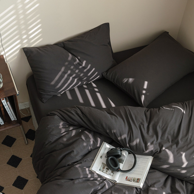 独居中性风~丨炭灰深色系 针织天竺棉裸睡四件套深灰X黑色纯色男