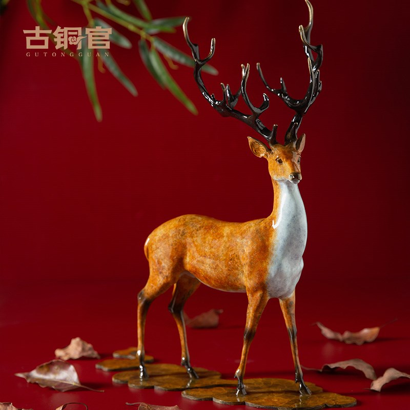 古铜官 铜鹿摆件福禄一路有你工艺品玄关电视柜家居装饰品送礼品