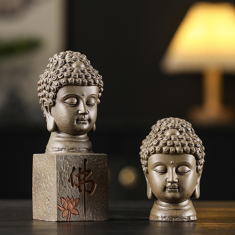 中式佛头小号释迦摩尼如来佛像佛首陶瓷禅意摆件装饰品创意工艺品