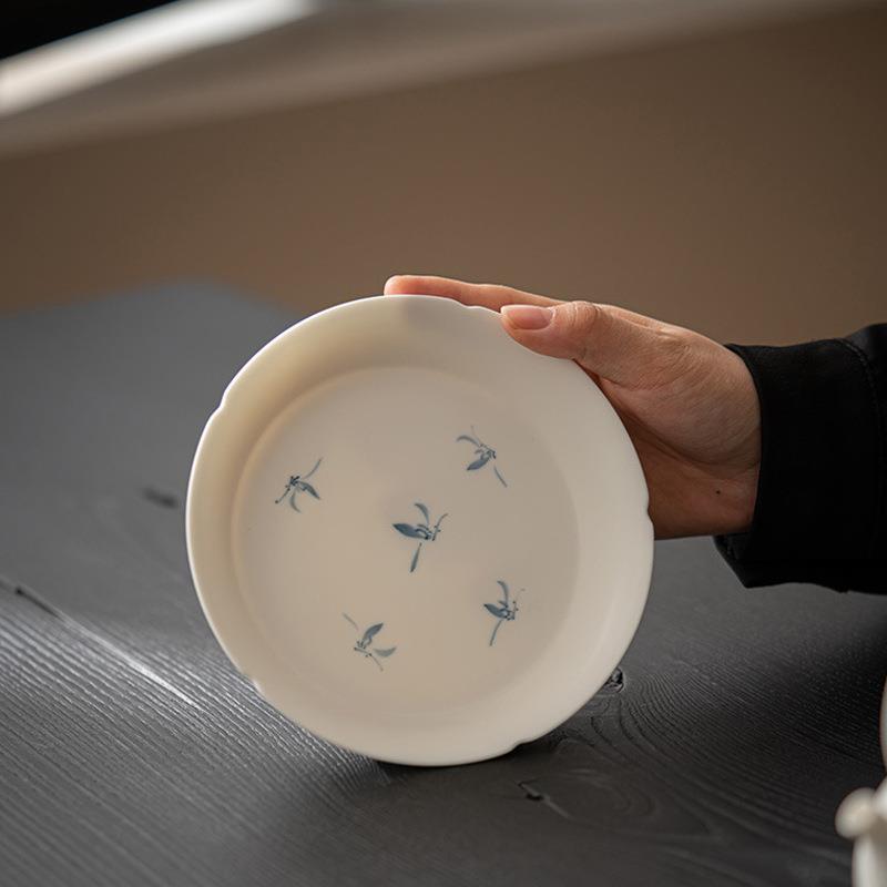 哑光花口手绘秋水兰花壶承陶瓷家用文人白瓷干泡盘茶点盘多用配件