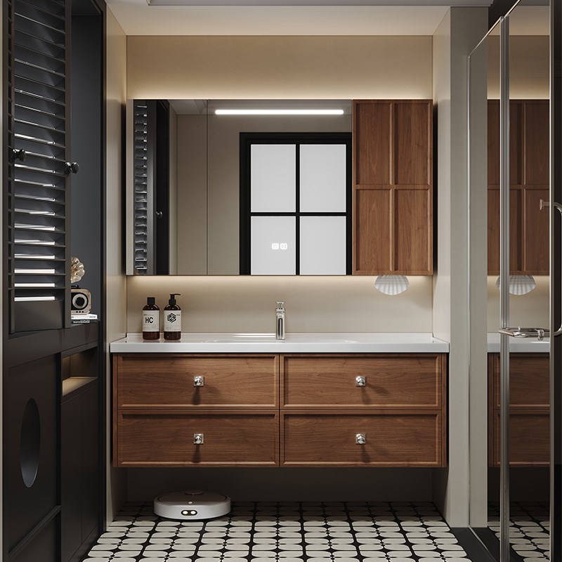 2025新款极简中古风实木浴柜陶瓷一体盆洗手盆柜组.合洗漱台柜