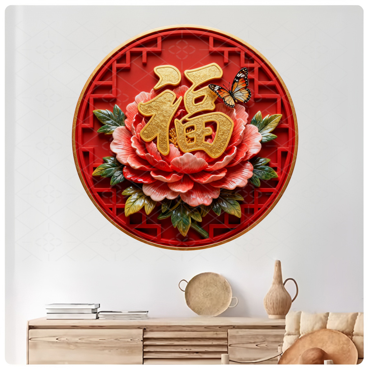 防3D立体中式牡丹花福字平面贴画客厅装饰墙贴圆形自粘贴纸,节庆用品/礼品,福字/窗花/窗贴,淘宝优惠券,粉丝福利购,淘宝优惠卷