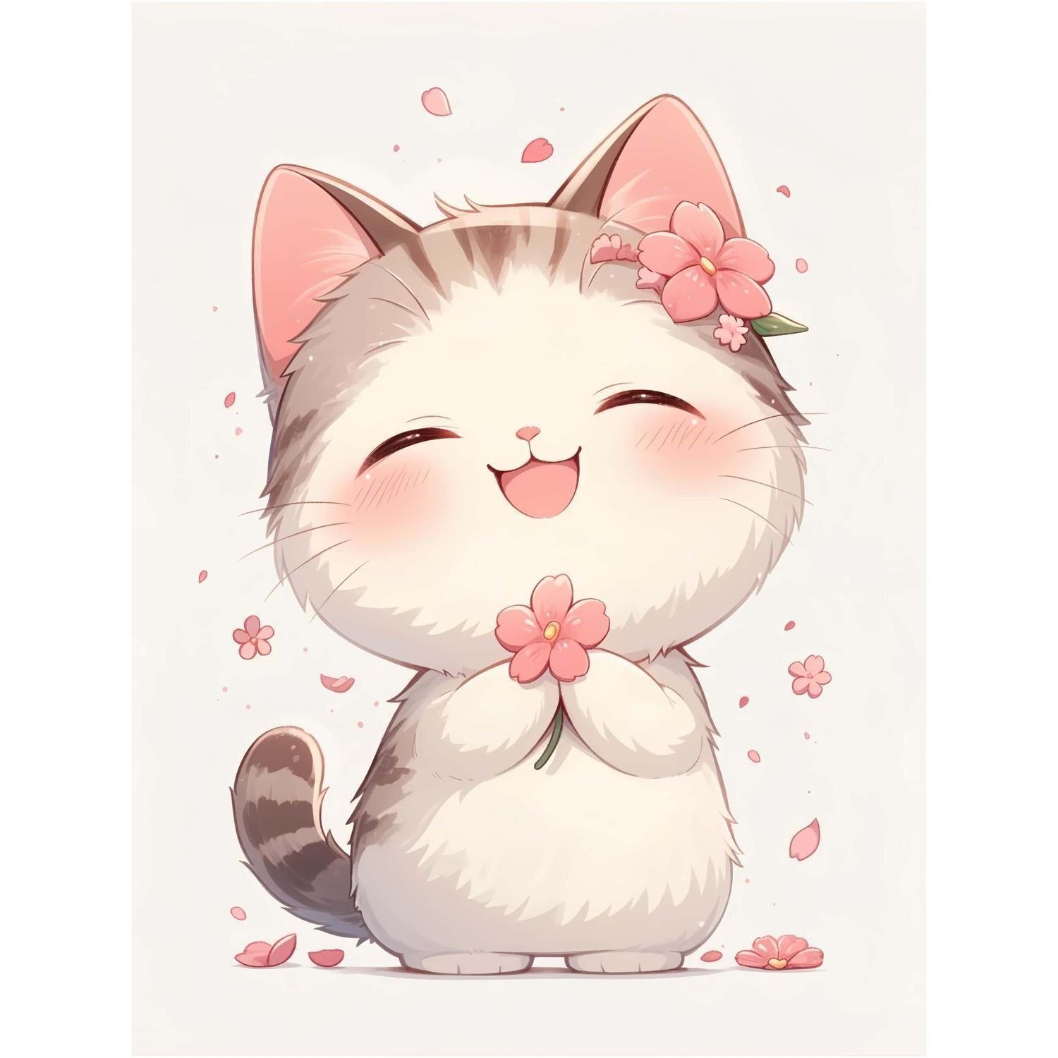 可爱带花的小猫咪自粘贴卧室贴画