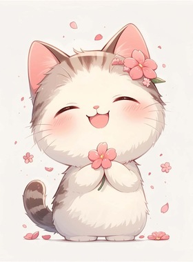 可爱带花的小猫咪自粘贴贴画卧室背景墙门装饰画海报防水贴纸P291