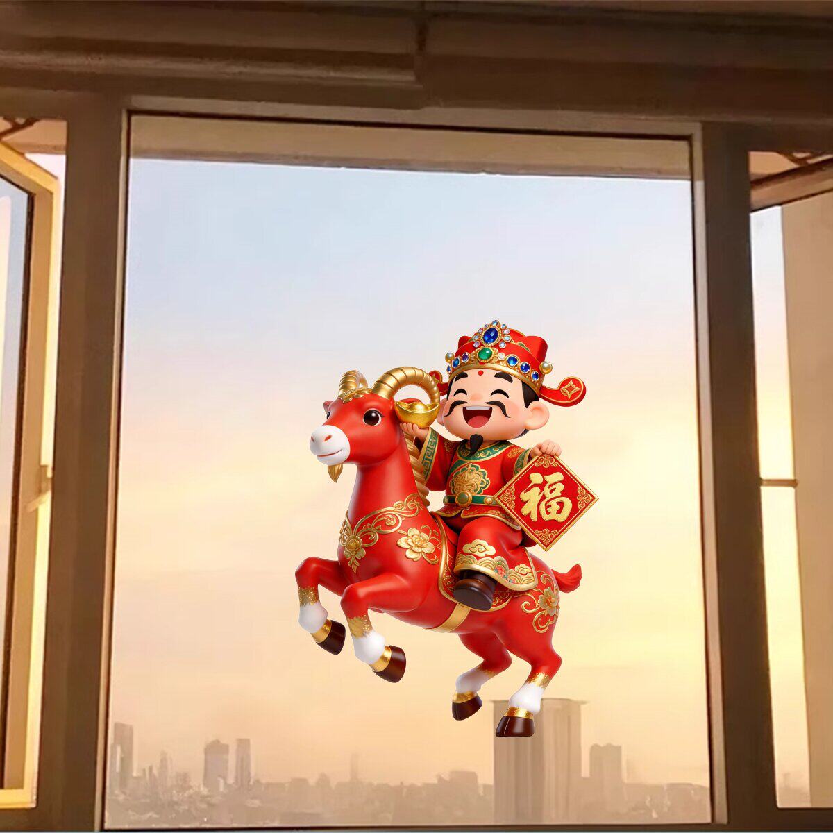 财神爷卡通UV背胶墙贴春节装饰