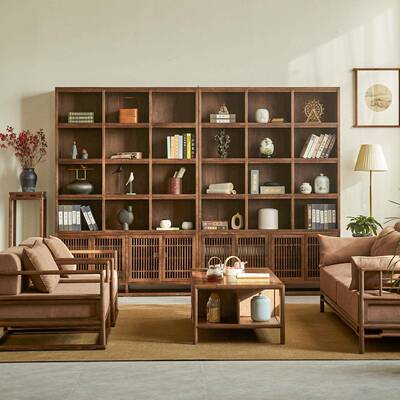 式新中厅实木书柜落地靠墙rm—0325黑胡家用整面桃墙组合柜客储物