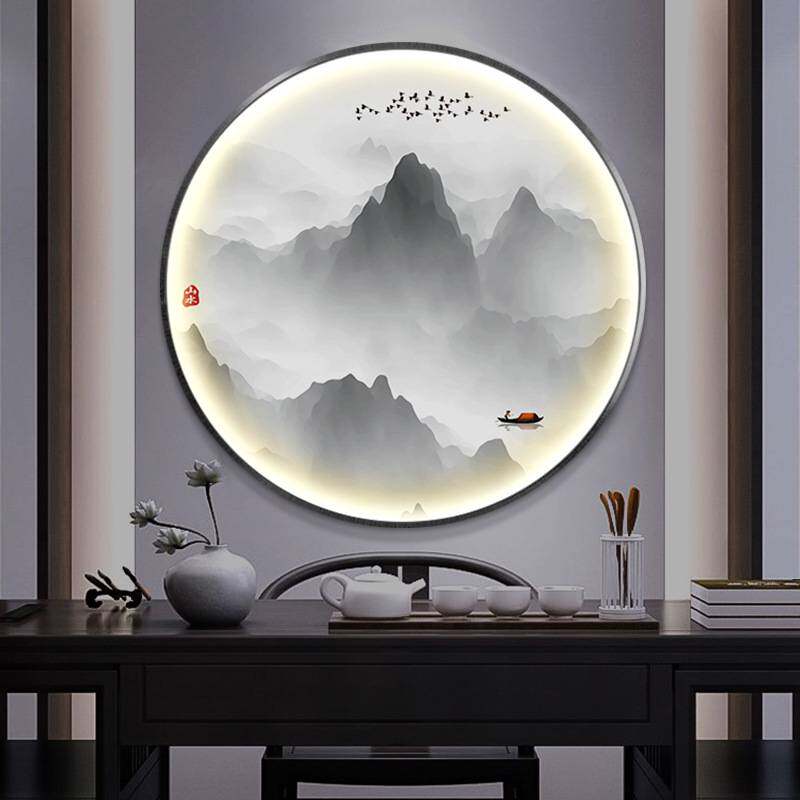 新中式圆形禅意山水装饰画入户玄关客厅茶室发光晶瓷壁画led灯画