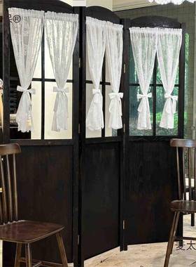 #叠麦田园古折复屏风纱帘进门实木玄关隔断花架橱窗镂空服麦太保
