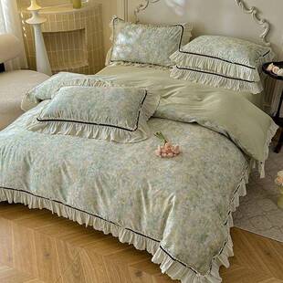 床单全棉四套纯棉被罩法复古丝印件花6蕾0支进9K250口长绒棉式床