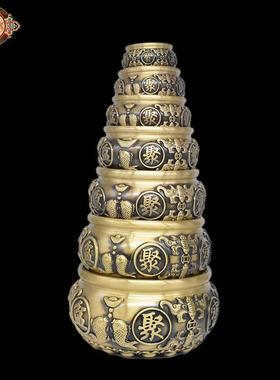 宏达 黄铜福在眼前 浮雕双鱼元宝八福聚宝盆 铜器摆件