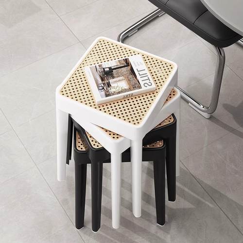 N5塑料凳子家用加厚可叠放出租房备用高板凳餐椅大人结实仿藤编椅