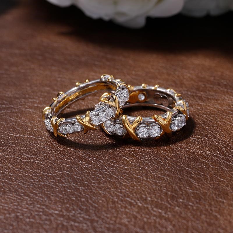 新款窄版16石戒指24石满钻排钻对戒男女情L侣交叉X系列双色银镀金