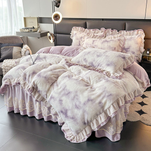 加厚高端兔毛绒牛奶绒q夹棉床裙四件套加绒保暖被套公主风床上冬