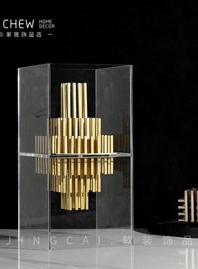 简约现代轻奢创意艺m术正方金属摆件样板房售楼处玄关桌面家居摆