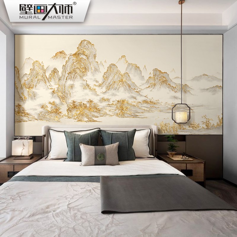 轻奢电视背景墙壁l纸客厅壁布新中式山水墙布卧室墙纸网红靠山壁