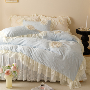 公主风花边双面加绒被套保暖加 q四件套冬季 法式 牛奶绒夹棉床裙款