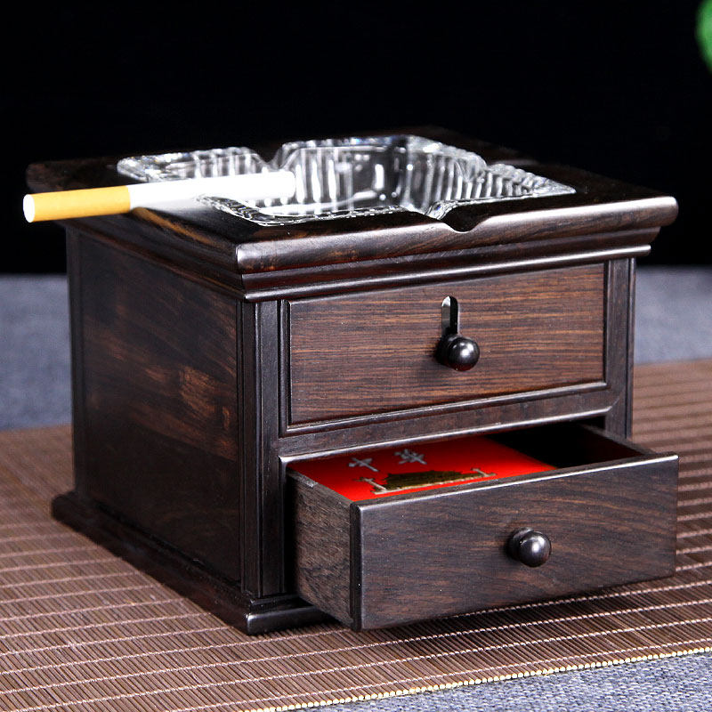 黑檀木红木烟灰缸m实木质中式烟缸时尚复古创意个性烟灰缸玻璃烟