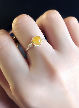 【招财转运】黄玉999足银手工戒指女细款胖手大号小Z指简约尾戒