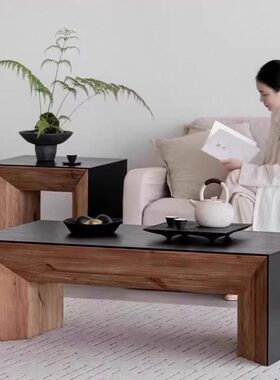 侘寂风沙发组合茶几中古实木黑色桌子长方形矮桌日式原木极简茶桌