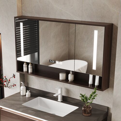 新中式大尺寸胡桃色浴室智能镜柜B单独卫生间镜子柜挂墙式收纳带