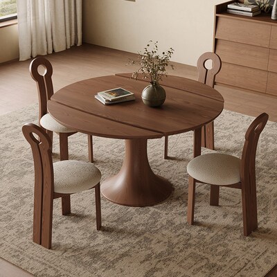 法式中古风可伸缩折叠饭桌实木圆C形餐桌椅组合新款小蛮腰白蜡木