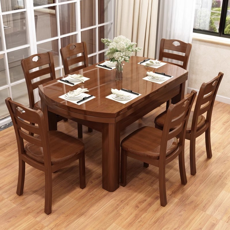 中式实木餐桌椅组合可伸缩折叠现代简约家用小户U型吃饭桌子圆桌