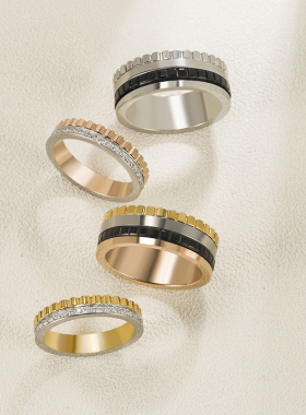 925纯银黑陶瓷k冰块戒指罗缎纹满钻情侣对戒转运齿轮刻字戒指饰品