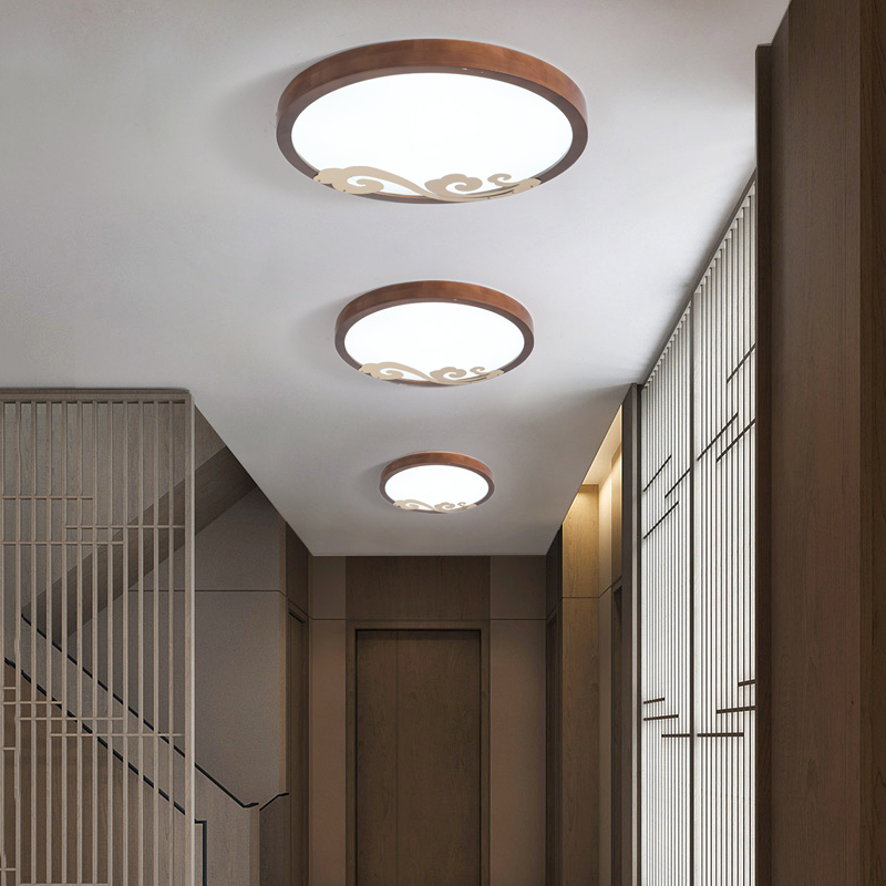 新中式超薄玄关入户阳台过道吸顶灯中国J风圆形胡桃木色主卧室灯