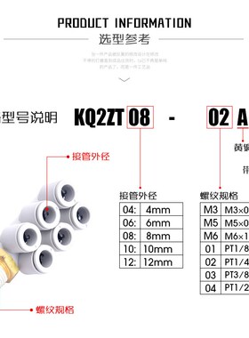气动气管接头KQ2ZT04-01S万向4通6通KQ2ZD06-02S旋转08-03/10-04S