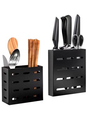 黑色壁挂刀架加厚304不锈钢厨房免钉置物筷子笼放菜刀沥水收纳架