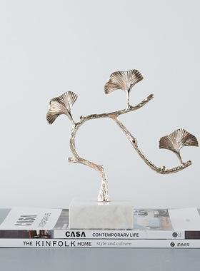 简约新中式轻奢大理石摆件品金属软装饰品K样板间书房桌Y面房间装