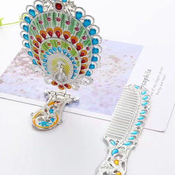 创意复古浮雕花纹孔雀系列化妆美容小镜子便携随身折叠金属手柄镜