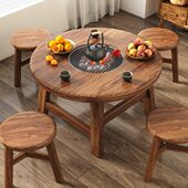 老榆木围炉茶桌实木小圆桌复古原木阳台煮茶桌户外围炉火锅烧烤桌