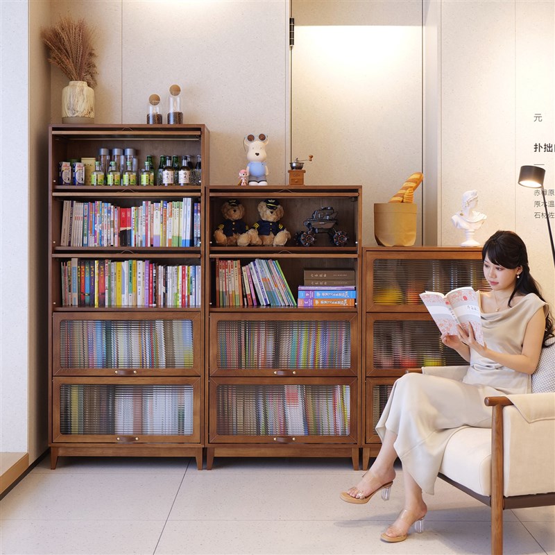 实木书柜a家用客厅展示柜防尘带玻璃门满墙置物柜中古风落地组合