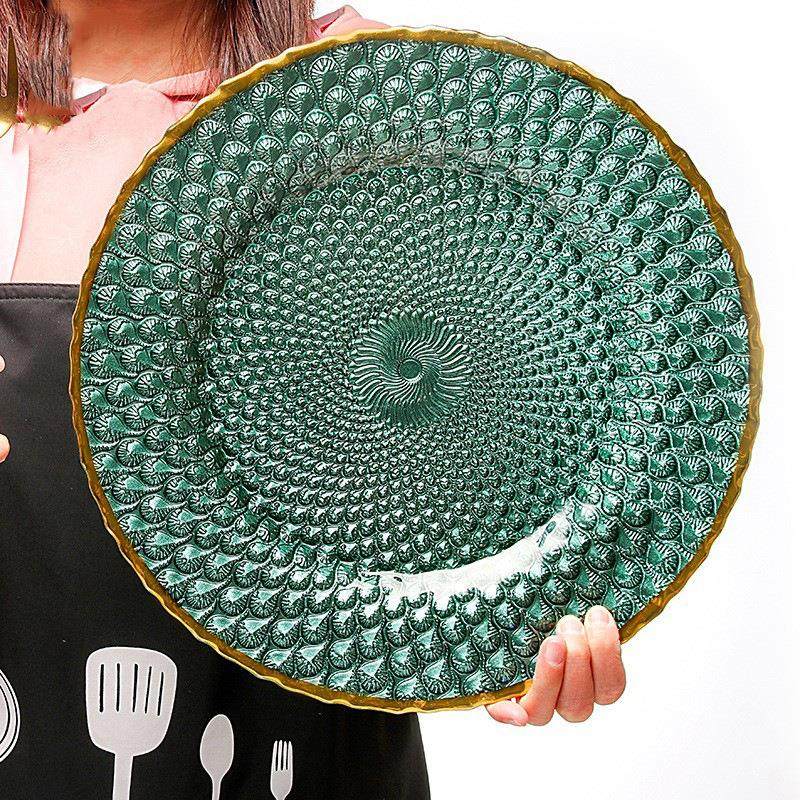 创意ins金边玻璃盘子 家用创意祖母绿水果甜品点心沙拉牛排西餐盘,餐饮具,盘,淘宝优惠券,粉丝福利购,淘宝优惠卷