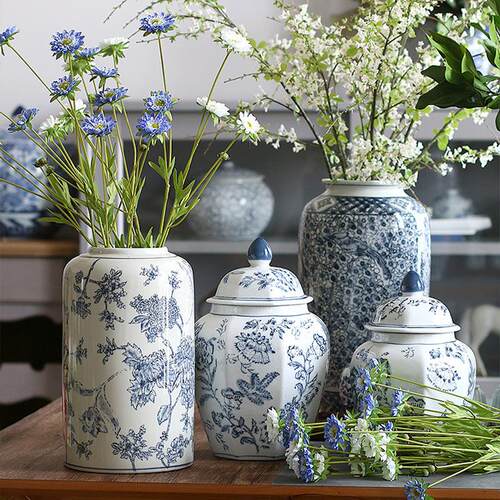 青花瓷古典青花陶瓷花瓶将军罐储物罐鲜花干花瓶客厅装饰精致摆件
