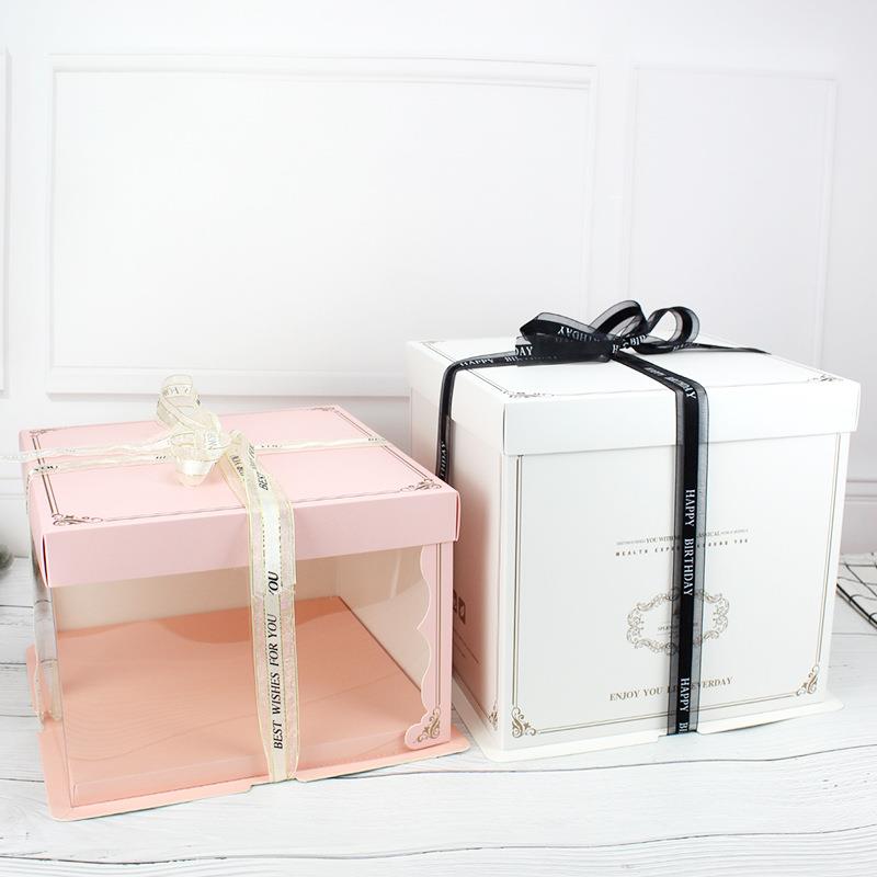 生日蛋糕盒子半透明双层加高芭比气球6/8/10寸方形包装盒50套