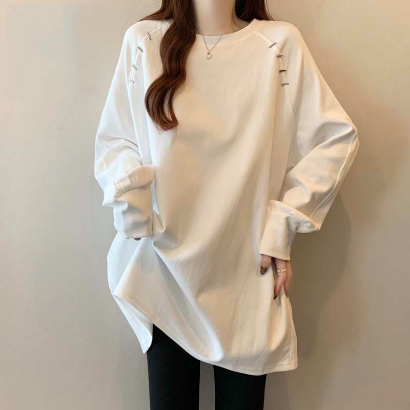 法式白色中长版长袖T恤女2025春新款大尺码胖mm遮肉卫衣打底衫上