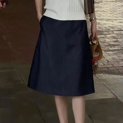 藏青色a字半身裙女夏季2025新款大尺码胖mm中裙超火减龄气质西装