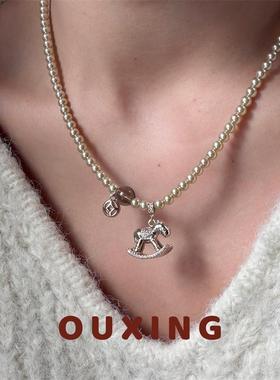 非金属仿珍珠项链 [金梦木马]轻奢气质时尚可爱百搭精致小马坠链